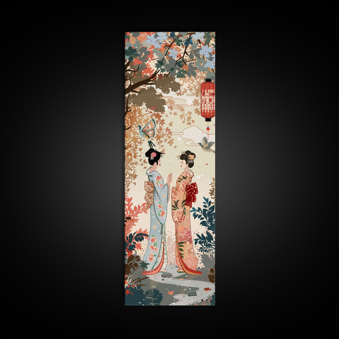 Traditional Geishas Skinny Art Tall Art Japanese Ukiyo-e Inspired Framed Canvas Print for Elegant Home and Office Decor