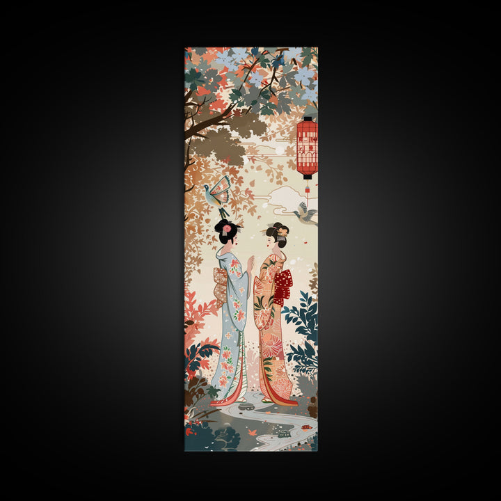 Traditional Geishas Skinny Art Tall Art Japanese Ukiyo-e Inspired Framed Canvas Print for Elegant Home and Office Decor
