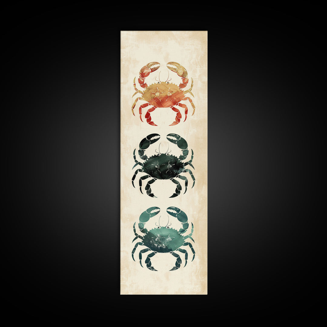 Coastal Crabs Skinny Art Tall Art Japanese Ukiyo-e Inspired Nautical Framed Canvas Print for Beach House or Ocean Lovers