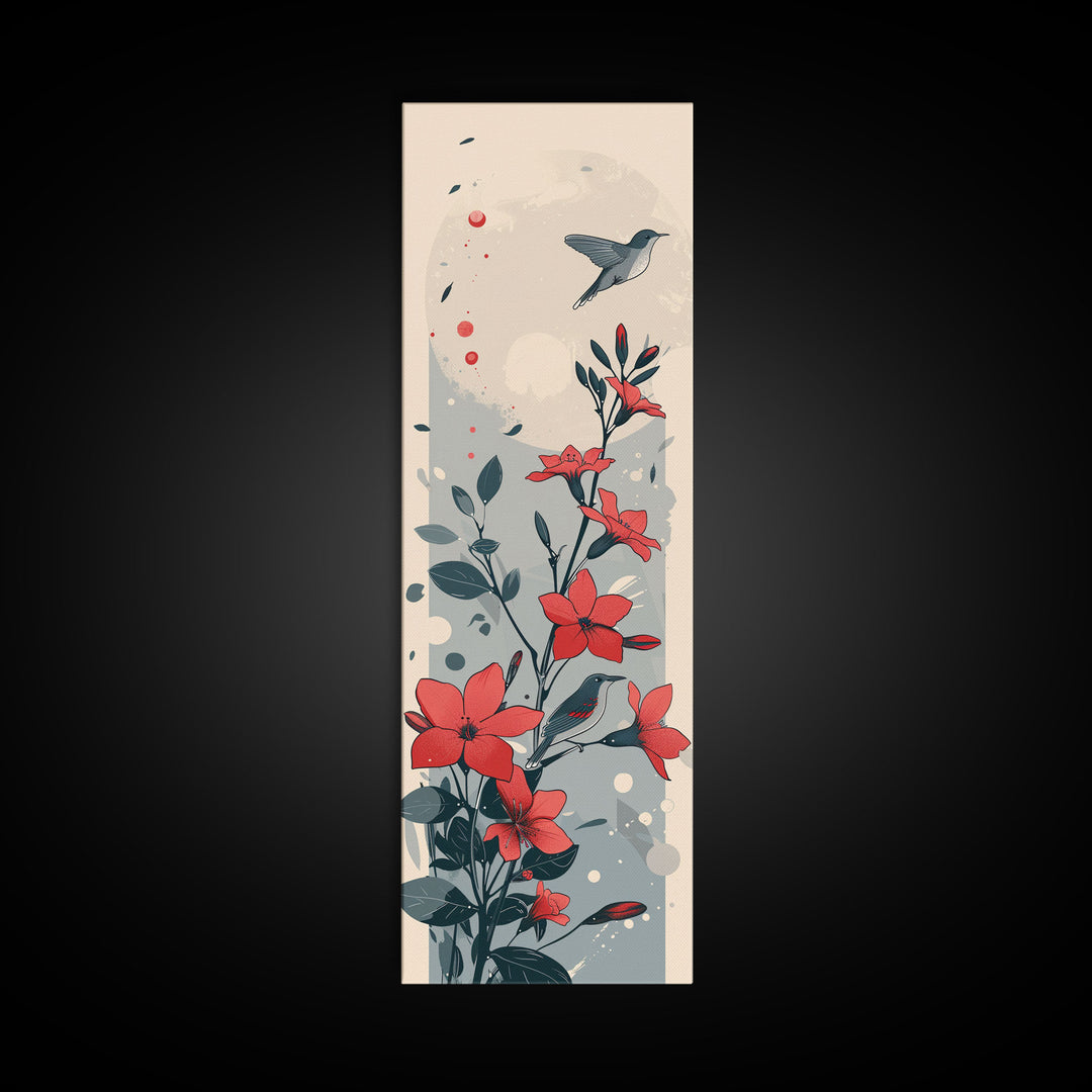 Hummingbird and Red Flowers Skinny Art Tall Art Japanese Ukiyo-e Inspired Nature Framed Canvas Print for Vibrant Interiors