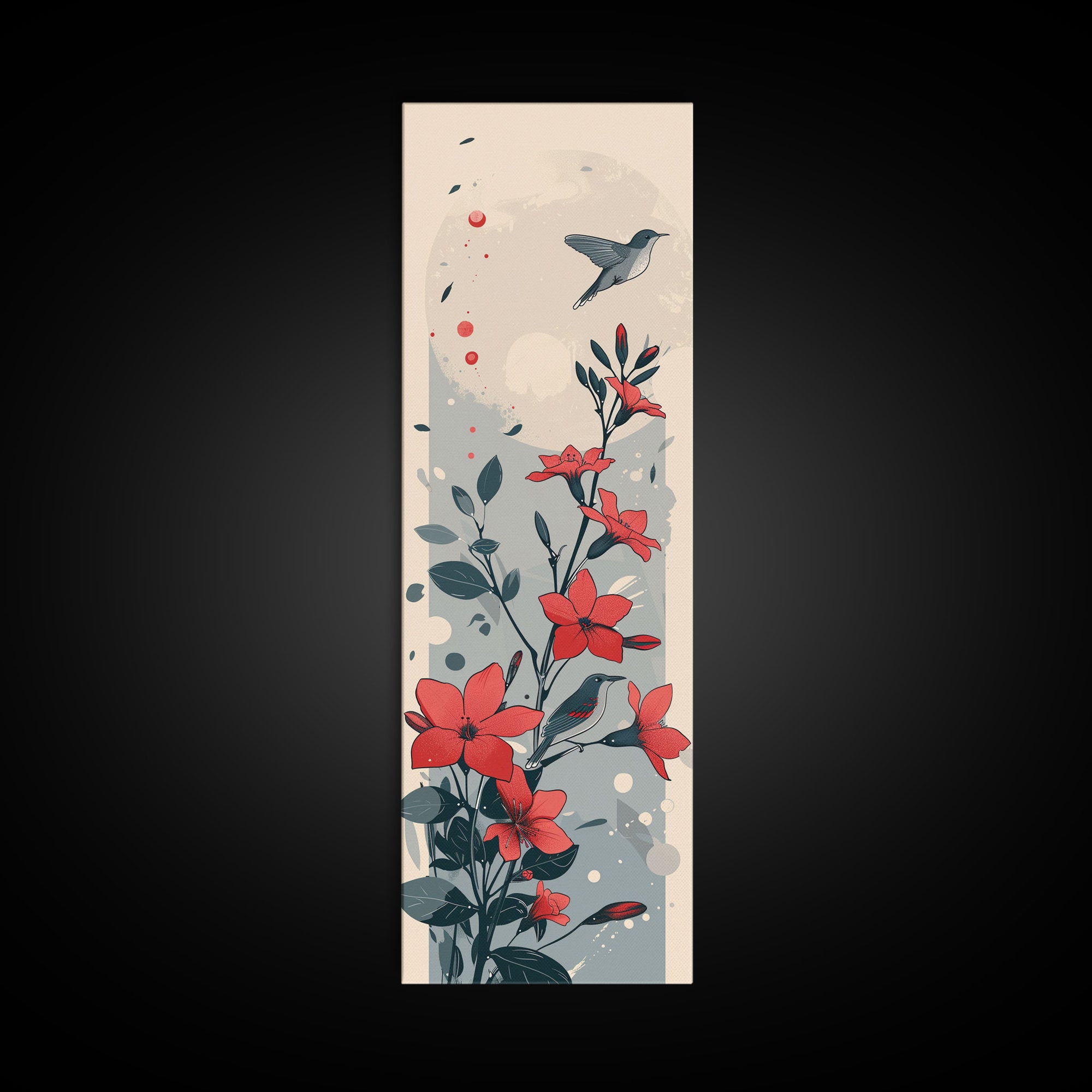 Hummingbird and Red Flowers Skinny Art Tall Art Japanese Ukiyo-e Inspired Nature Framed Canvas Print for Vibrant Interiors
