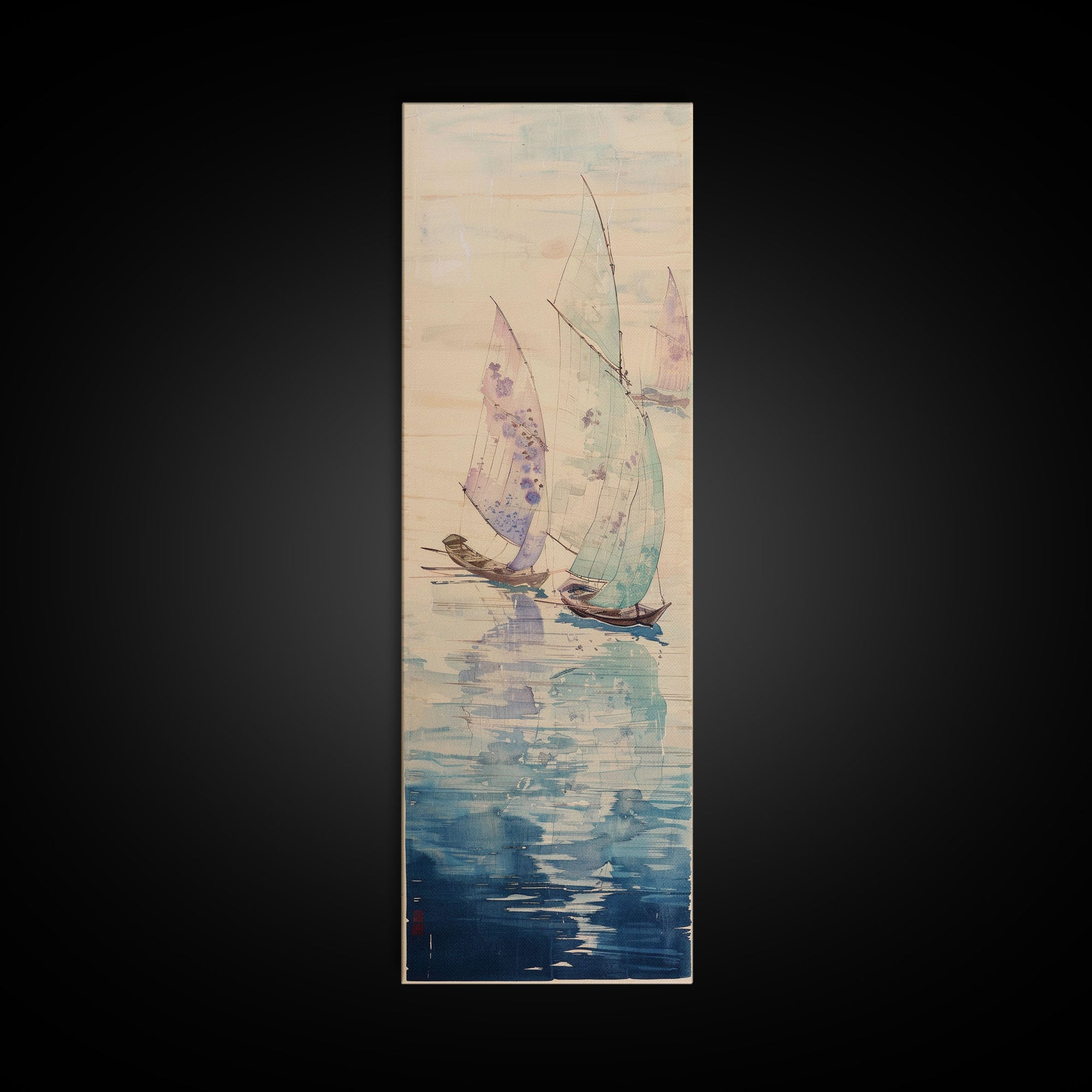 Sailboats On Calm Sea Canvas In Japanese Ukiyo-e Style, Traditional Woodblock Print, Framed Canvas Print, Tall Skinny Japanese Wall Art, Ready To Hang