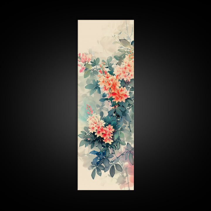 Azalea Blossoms Skinny Art Tall Art Japanese Ukiyo-e Inspired Floral Framed Canvas Print for Elegant and Timeless Decor