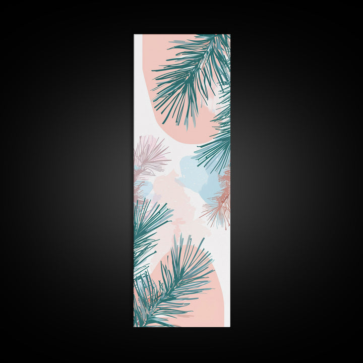 Elegant Pine Branches on Soft Pastel Background - Skinny Art, Japanese Wall Decor, Framed Canvas Print, Ukiyo-e Style
