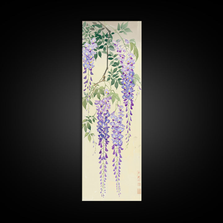 Cascading Wisteria Blossoms in Shades of Purple and Green - Skinny Art, Japanese Wall Decor, Framed Canvas Print, Ukiyo-e Style
