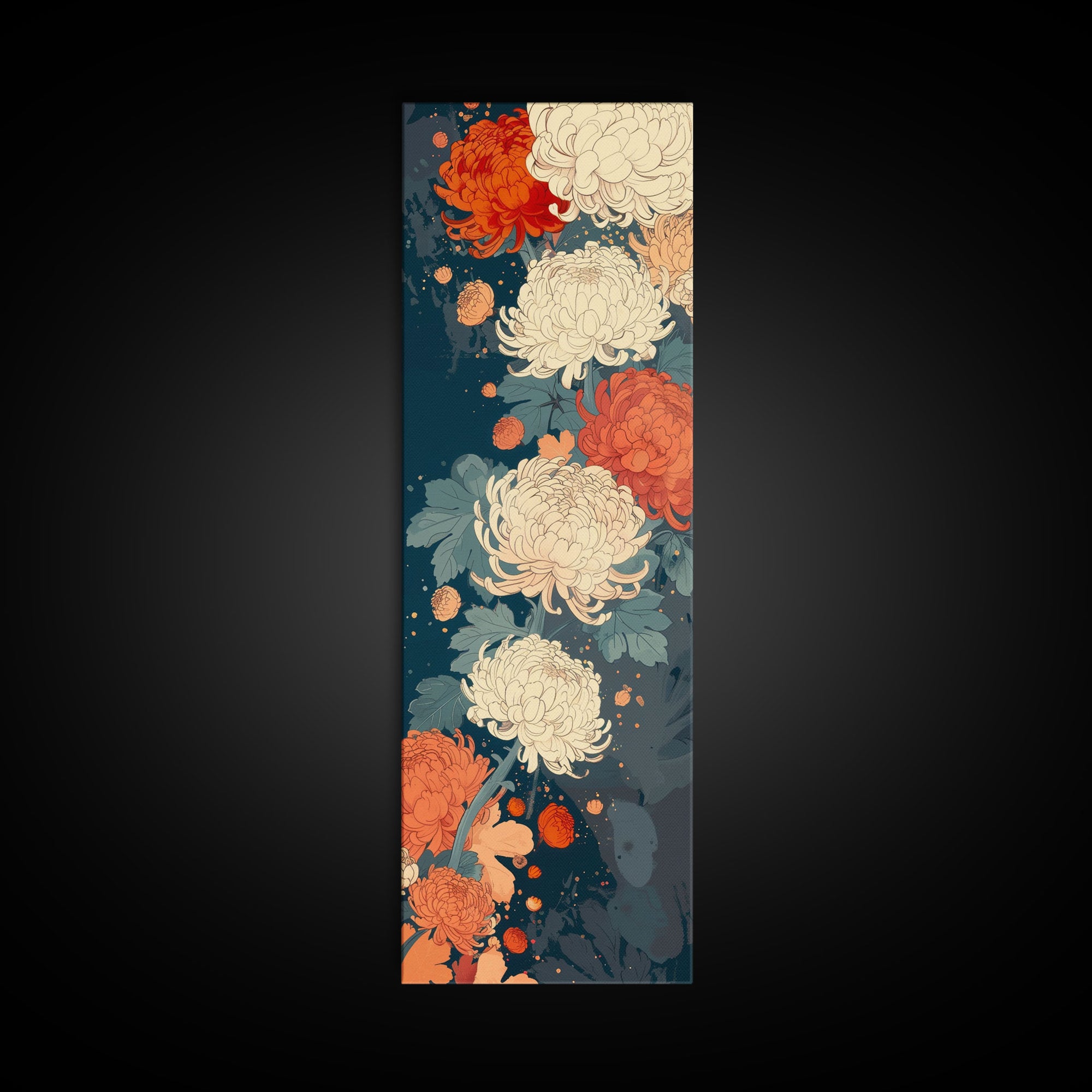 Blooming Chrysanthemums in Rich Autumn Colors - Skinny Art, Japanese Wall Decor, Framed Canvas Print, Ukiyo-e Style