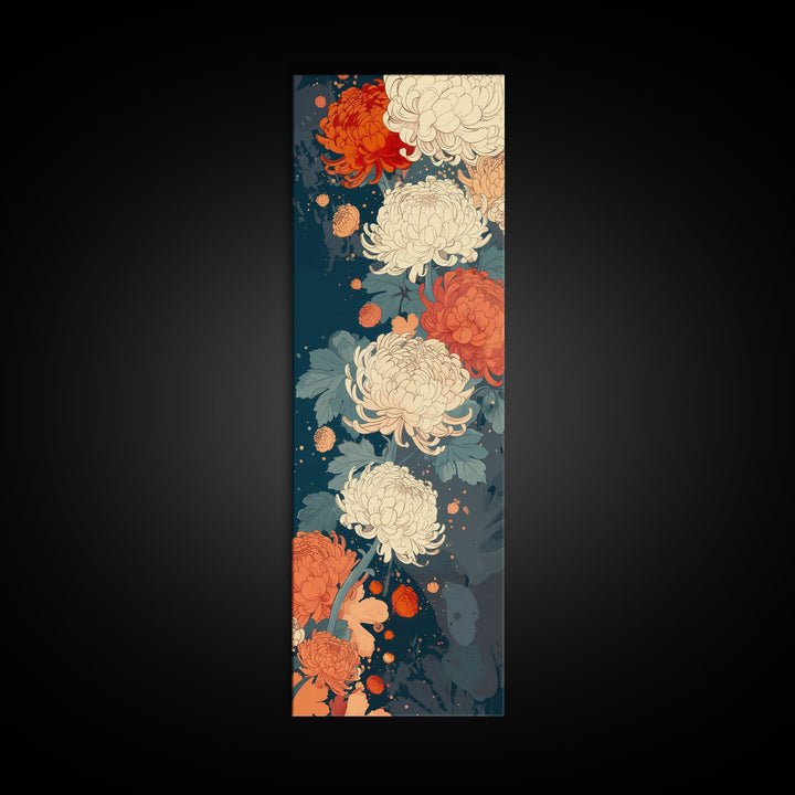 Blooming Chrysanthemums in Rich Autumn Colors - Skinny Art, Japanese Wall Decor, Framed Canvas Print, Ukiyo-e Style