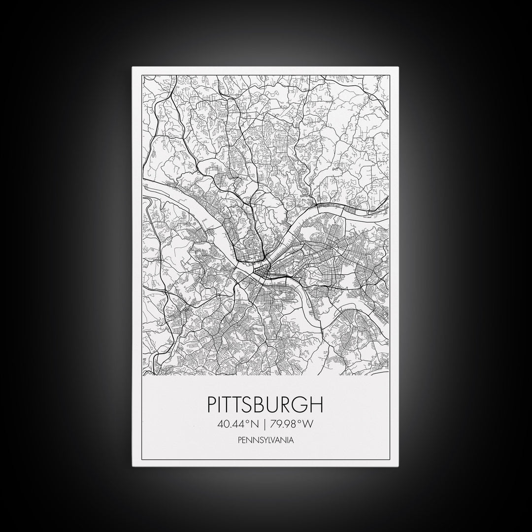Pittsburgh Street Map, Pennsylvania Map, City Map Art, Minimalist Art, Wall Art, Canvas Print, Living Room Art, Birthday Gift, Travel Décor