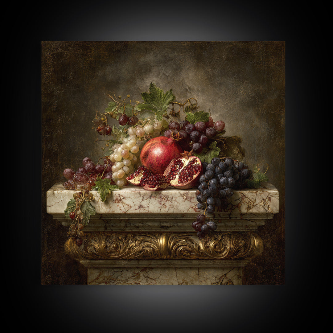 Pomegranate and Grapes on Marble Ledge Canvas Print, Renaissanceinspired Art, Celestial Decor, Living Room Decor, Classic, REN-1x1-17