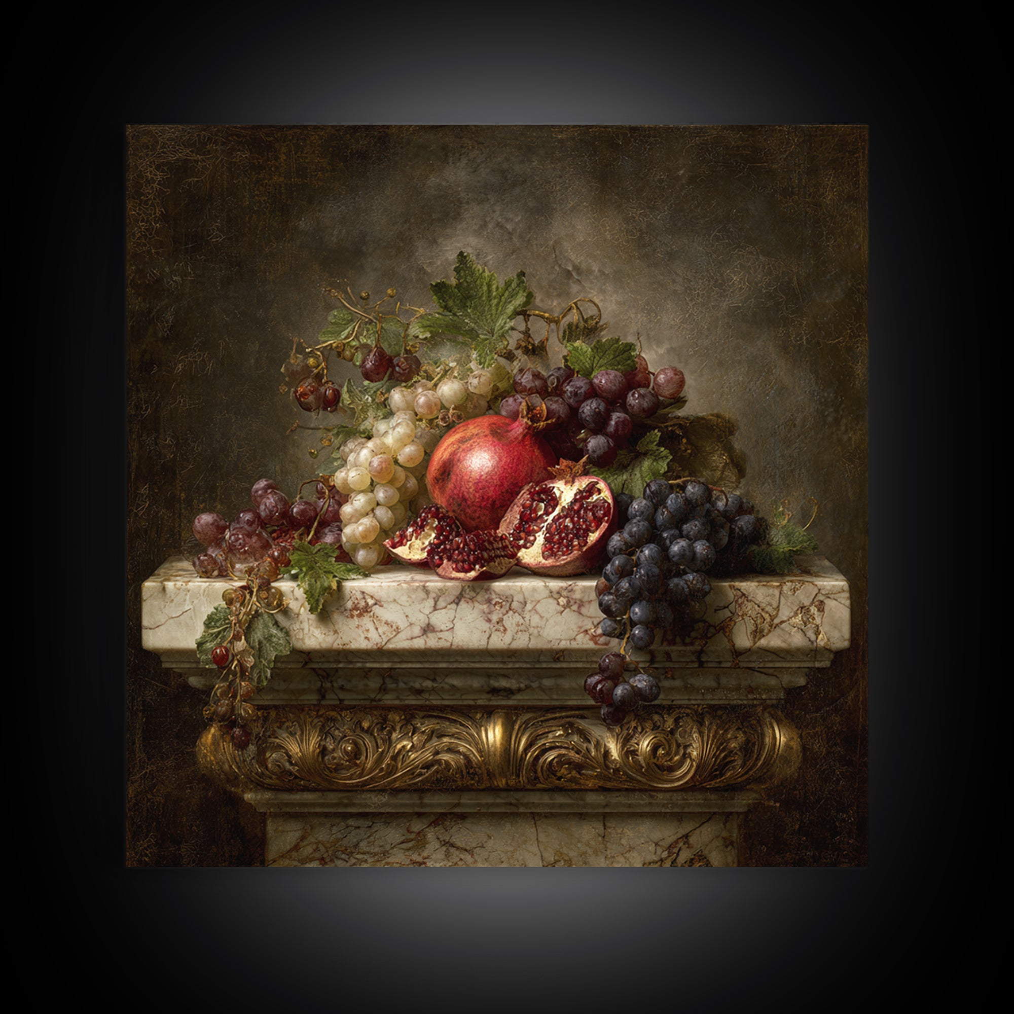 Pomegranate and Grapes on Marble Ledge Canvas Print, Renaissanceinspired Art, Celestial Decor, Living Room Decor, Classic, REN-1x1-17