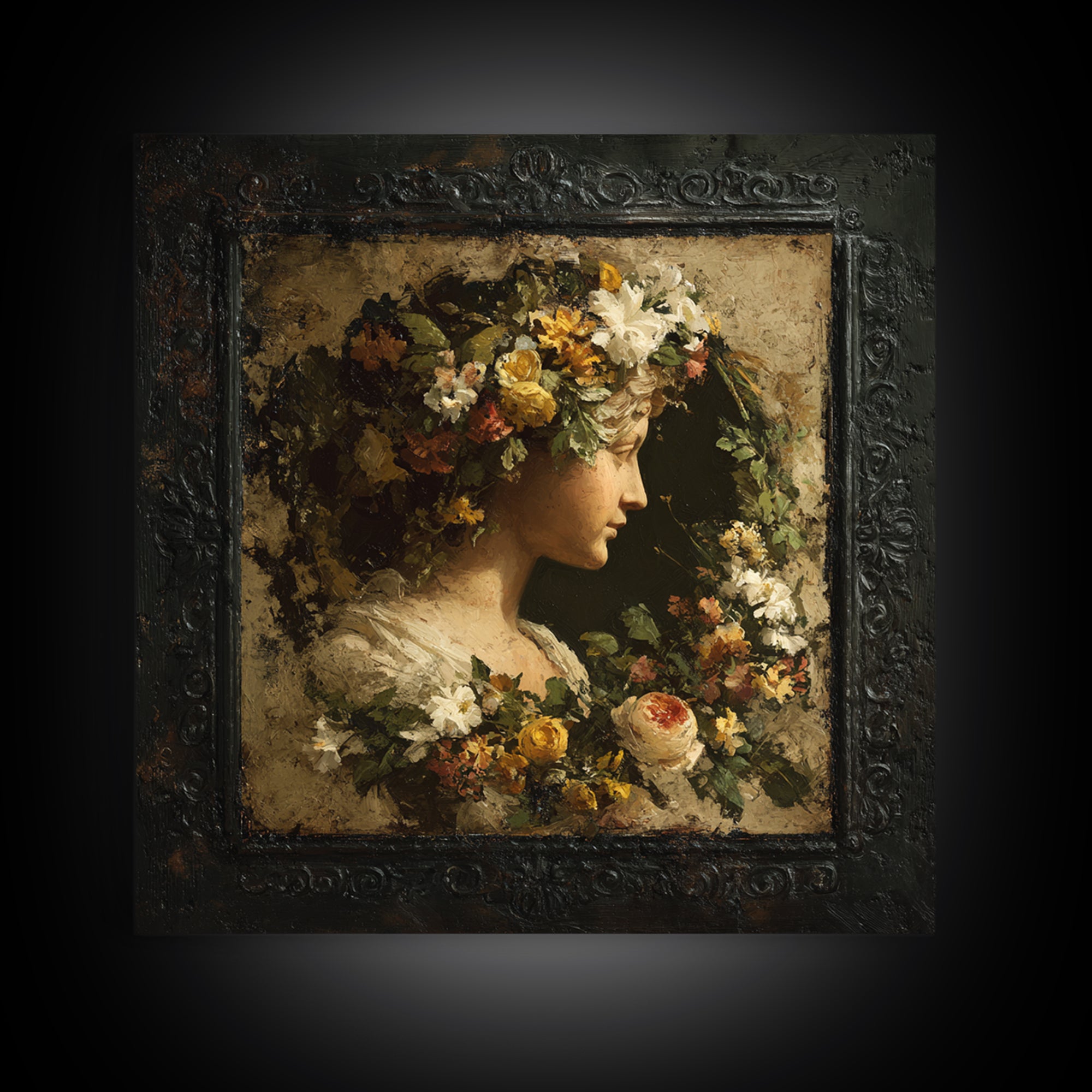 Floral Garland Surrounding a Classical Profile Canvas Print, Renaissanceinspired Art, Unique Wall Art, Living Room Decor, REN-1x1-22