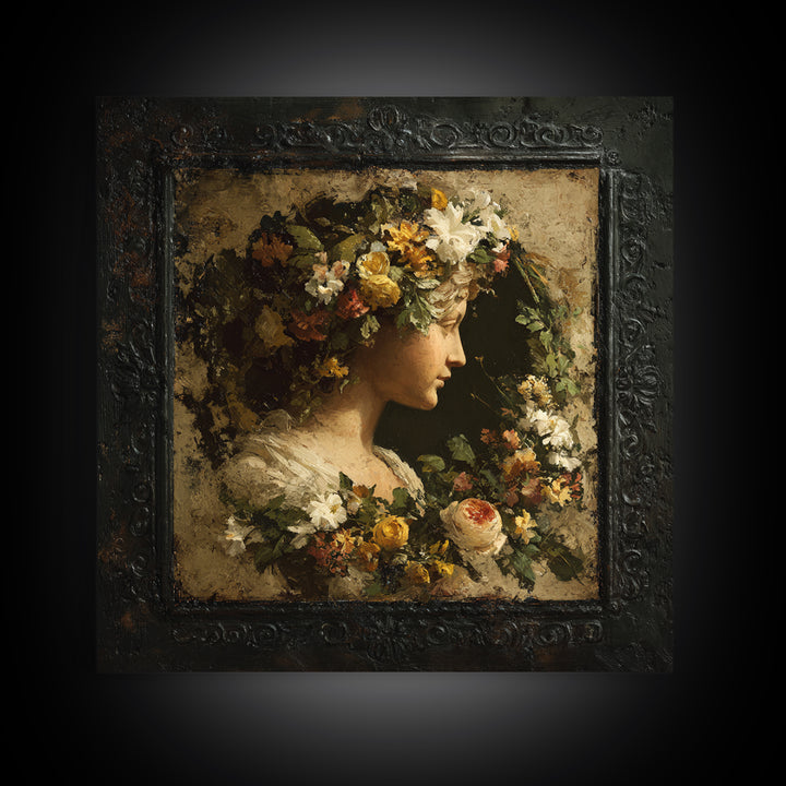 Floral Garland Surrounding a Classical Profile Canvas Print, Renaissanceinspired Art, Unique Wall Art, Living Room Decor, REN-1x1-22