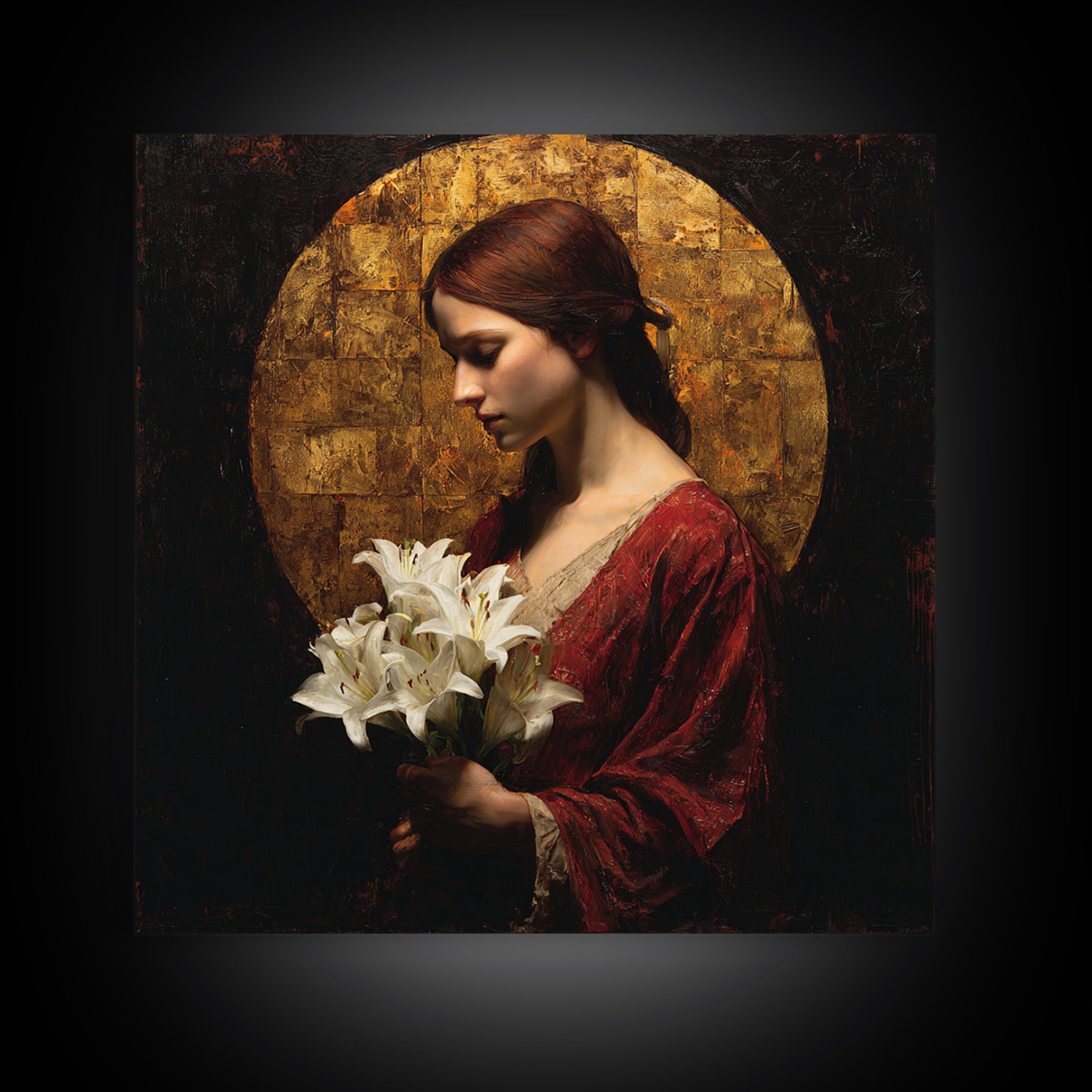 Saint Like Figure Holding White Lilies Framed Canvas Print, Renaissanceinspired Art, Floral Print, Living Room Decor, Classic, REN-1x1-37