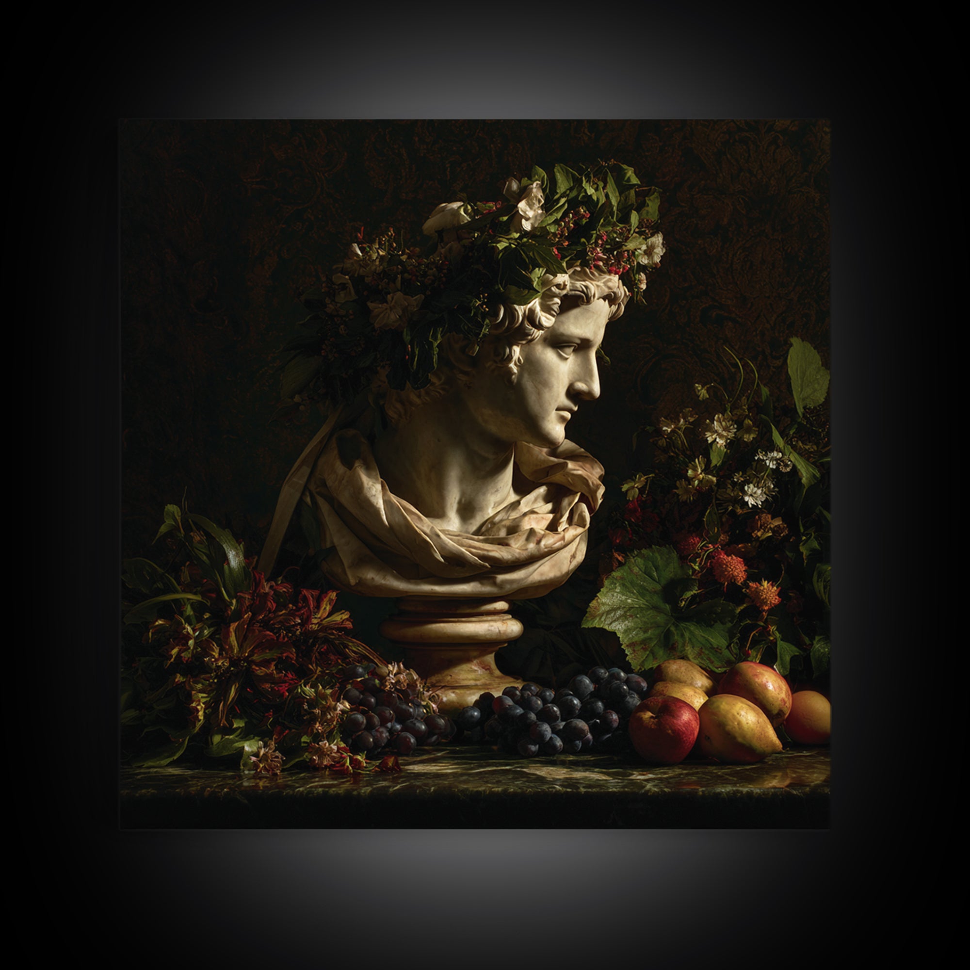 Floral Garland Surrounding a Classical Profile Canvas Print, Renaissanceinspired Art, Botanical Art, Living Room Decor, Classic, REN-1x1-46