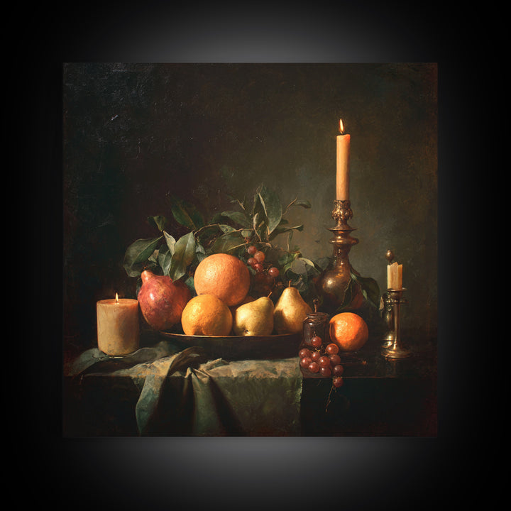 Oil Painted Fruit Still Life on Dark Canvas Print, Renaissanceinspired Art, Fantasy Decor, Living Room Decor, Classic, REN-1x1-51