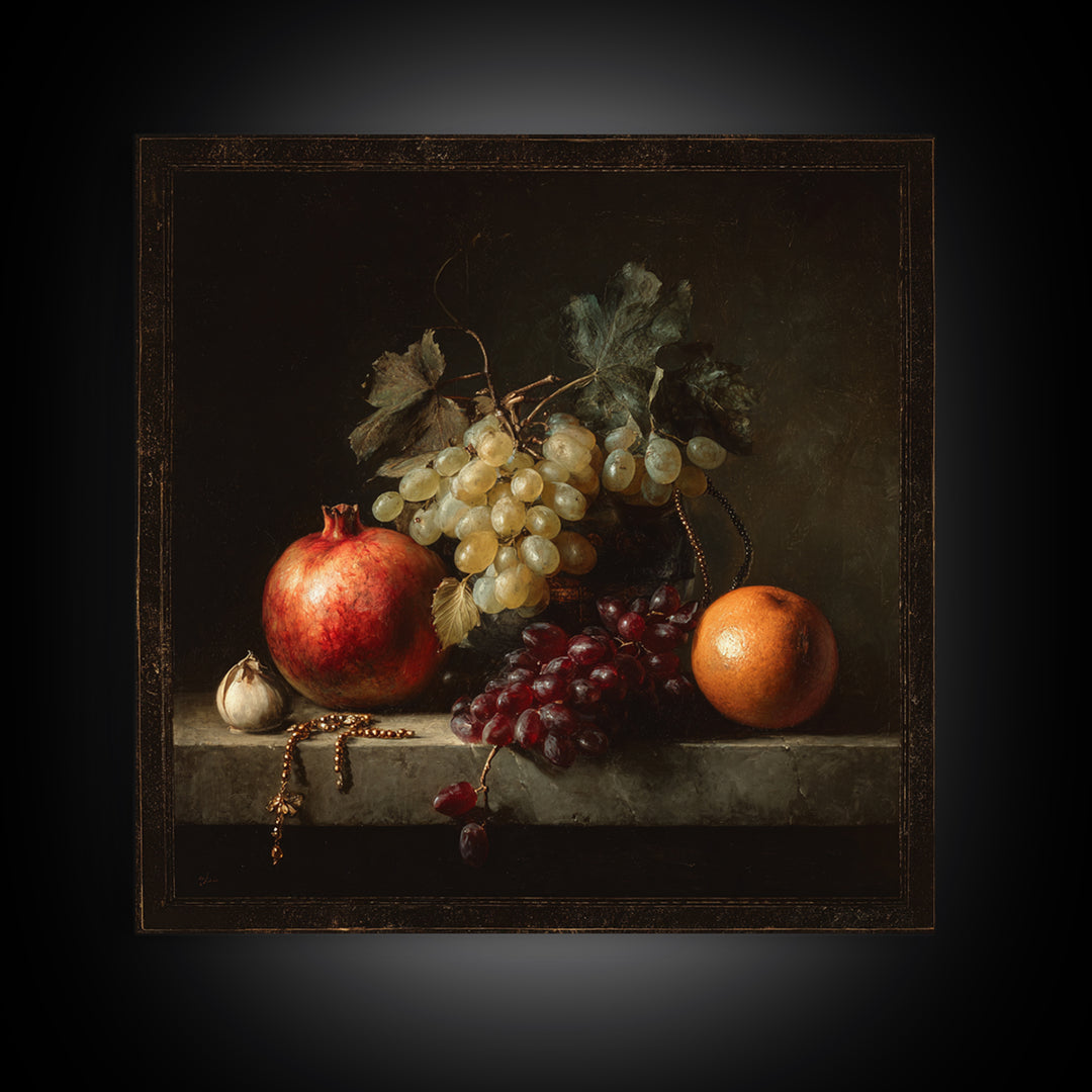 Oil Painted Fruit Still Life on Dark Canvas Print, Renaissanceinspired Art, Elegant Home Decor, Living Room Decor, Classic, REN-1x1-75