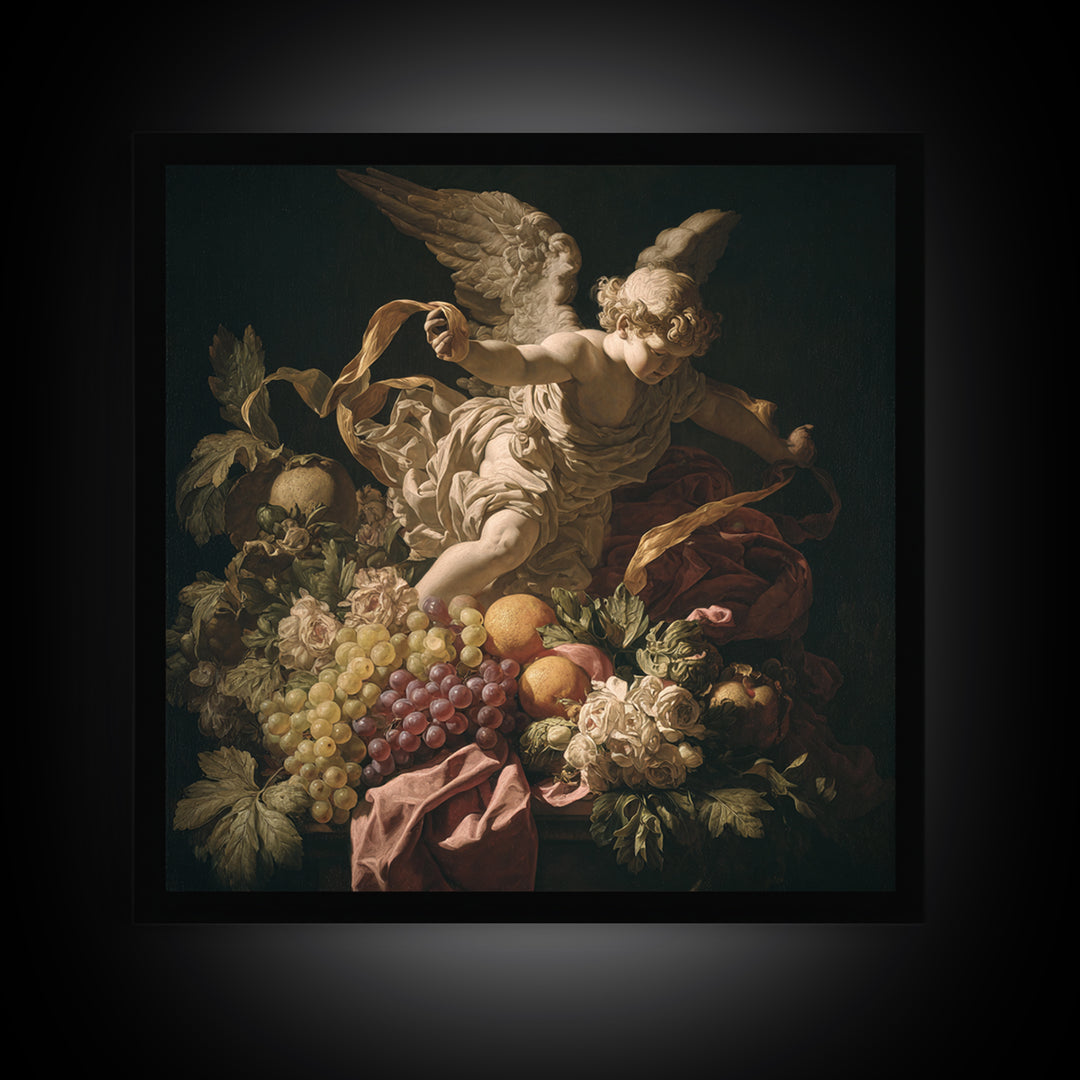 Cherub Holding a Ribbon Among Clouds Framed Canvas Print, Renaissanceinspired Art, Fantasy Decor, Living Room Decor, Classic, REN-1x1-78