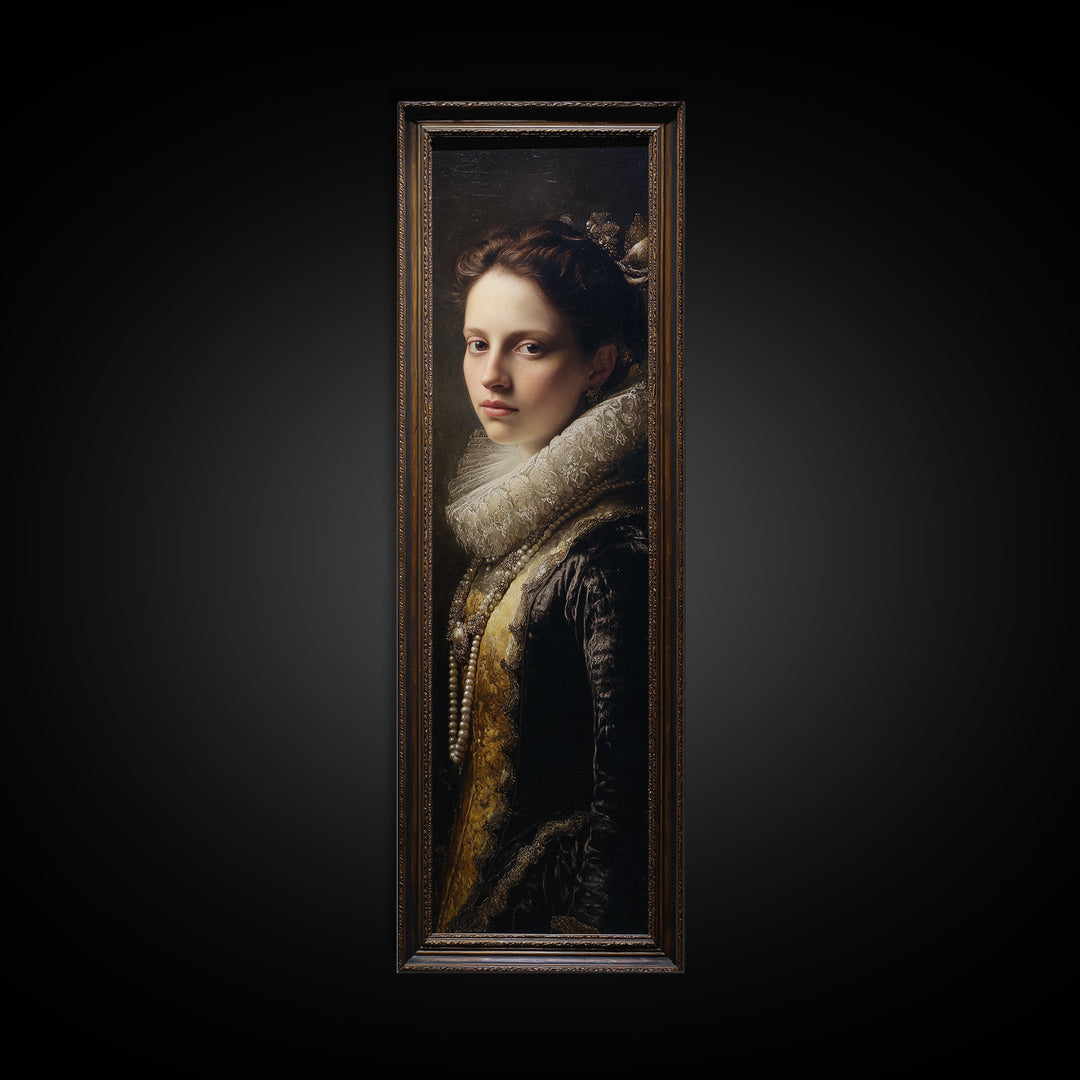 Portrait with Pearl Necklace and Velvet Dress Canvas Print, Renaissanceinspired Art, Fantasy Decor, Living Room Decor, Classic, REN-1x3-24
