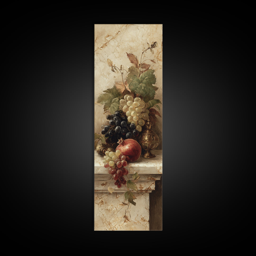 Pomegranate and Grapes on Marble Ledge Framed Canvas Print, Renaissanceinspired Art, Cat Painting, Living Room Decor, Classic, REN-1x3-29