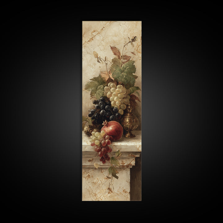 Pomegranate and Grapes on Marble Ledge Framed Canvas Print, Renaissanceinspired Art, Cat Painting, Living Room Decor, Classic, REN-1x3-29