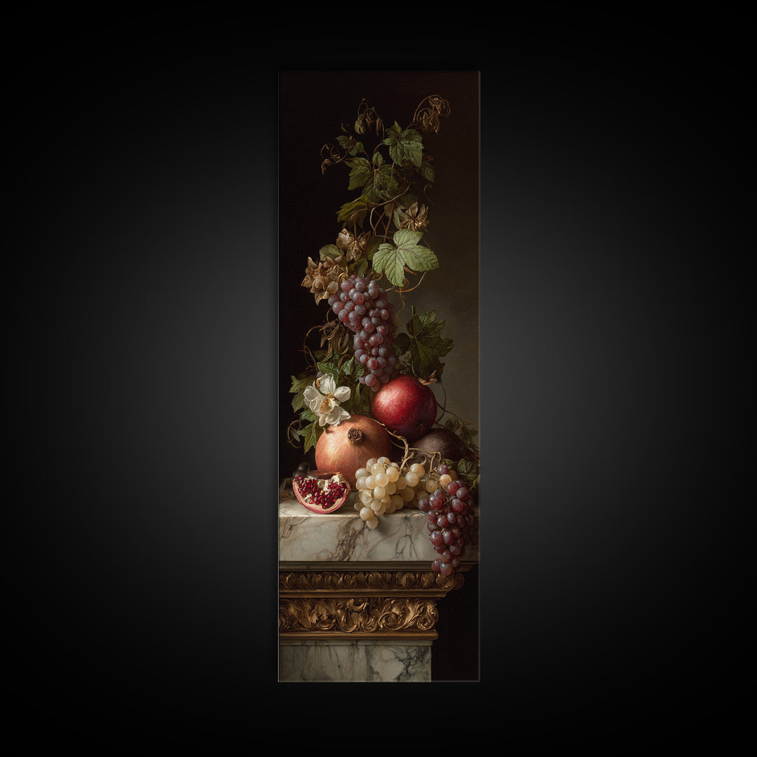 Pomegranate and Grapes on Marble Ledge Canvas Print, Renaissanceinspired Art, Celestial Decor, Living Room Decor, Classic, REN-1x3-5