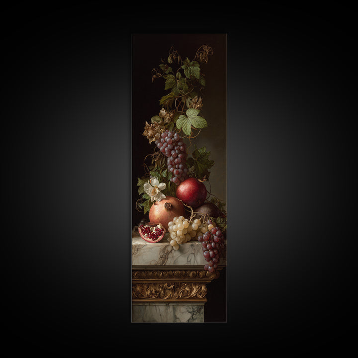 Pomegranate and Grapes on Marble Ledge Canvas Print, Renaissanceinspired Art, Celestial Decor, Living Room Decor, Classic, REN-1x3-5