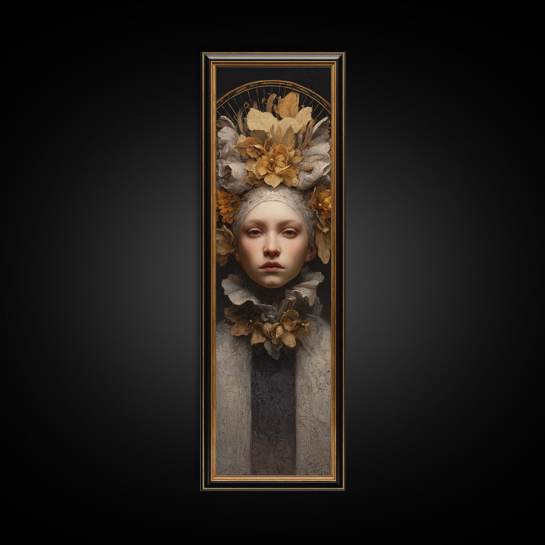 Gold Halo Portrait Canvas Print, Renaissanceinspired Art, Floral Painting, Living Room Decor, Oil Painting, Classic, Art Print, REN-1x3-65