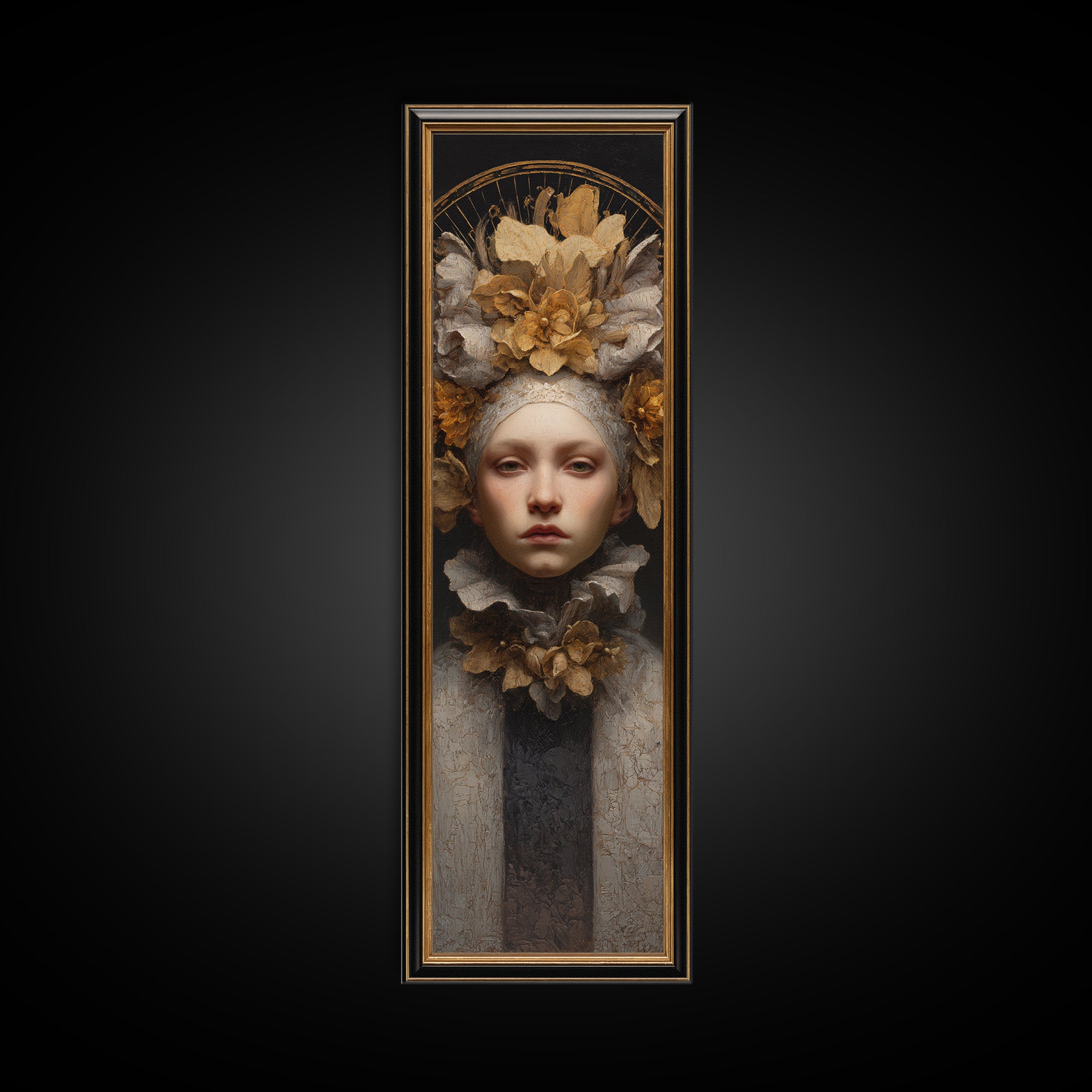 Gold Halo Portrait Canvas Print, Renaissanceinspired Art, Floral Painting, Living Room Decor, Oil Painting, Classic, Art Print, REN-1x3-65