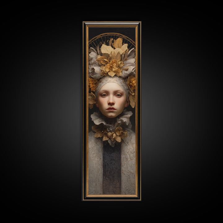 Gold Halo Portrait Canvas Print, Renaissanceinspired Art, Floral Painting, Living Room Decor, Oil Painting, Classic, Art Print, REN-1x3-65