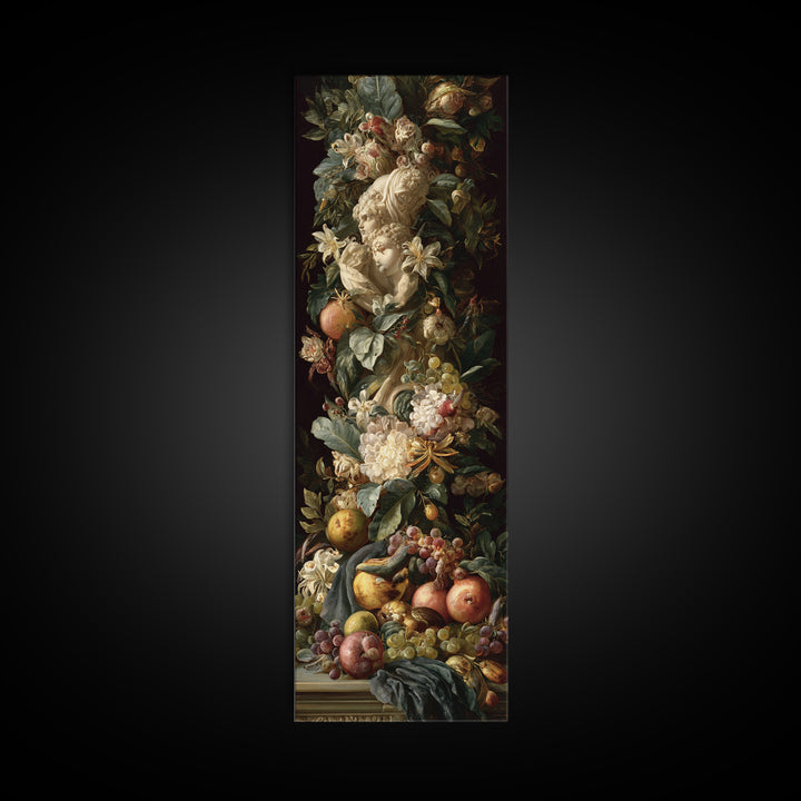 Floral Garland Surrounding a Classical Profile Canvas Print, Renaissanceinspired Art, Painting from Photo, Living Room Decor, REN-1x3-82