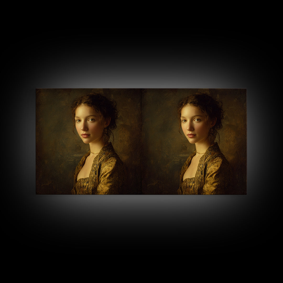 Gold Halo Portrait Framed Canvas Print, Renaissanceinspired Art, Neutral Decor, Living Room Decor, Fine Art, Classic, REN-2x1-1