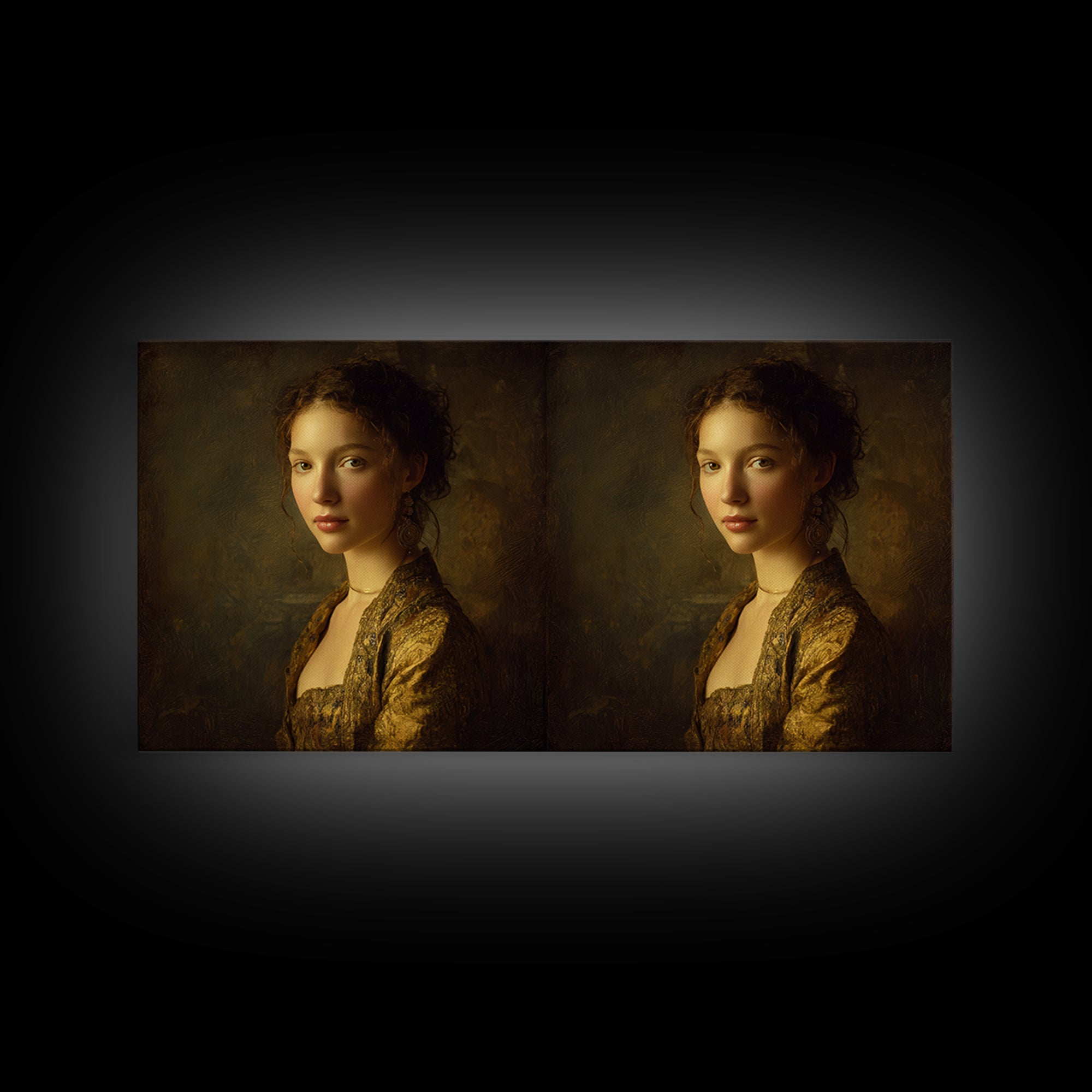 Gold Halo Portrait Framed Canvas Print, Renaissanceinspired Art, Neutral Decor, Living Room Decor, Fine Art, Classic, REN-2x1-1
