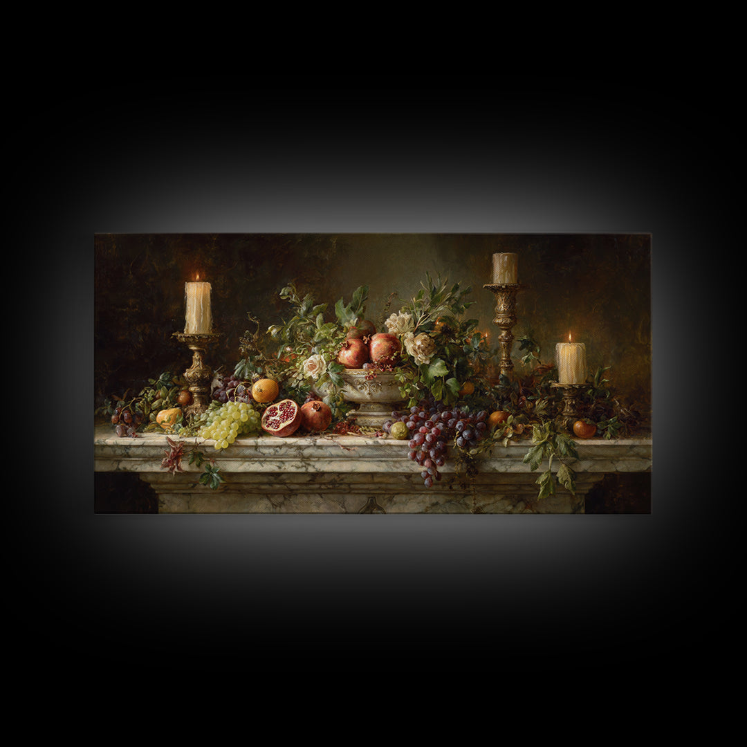 Pomegranate and Grapes on Marble Ledge Framed Canvas Print, Renaissanceinspired Art, Home Decor, Living Room Decor, Classic, REN-2x1-13