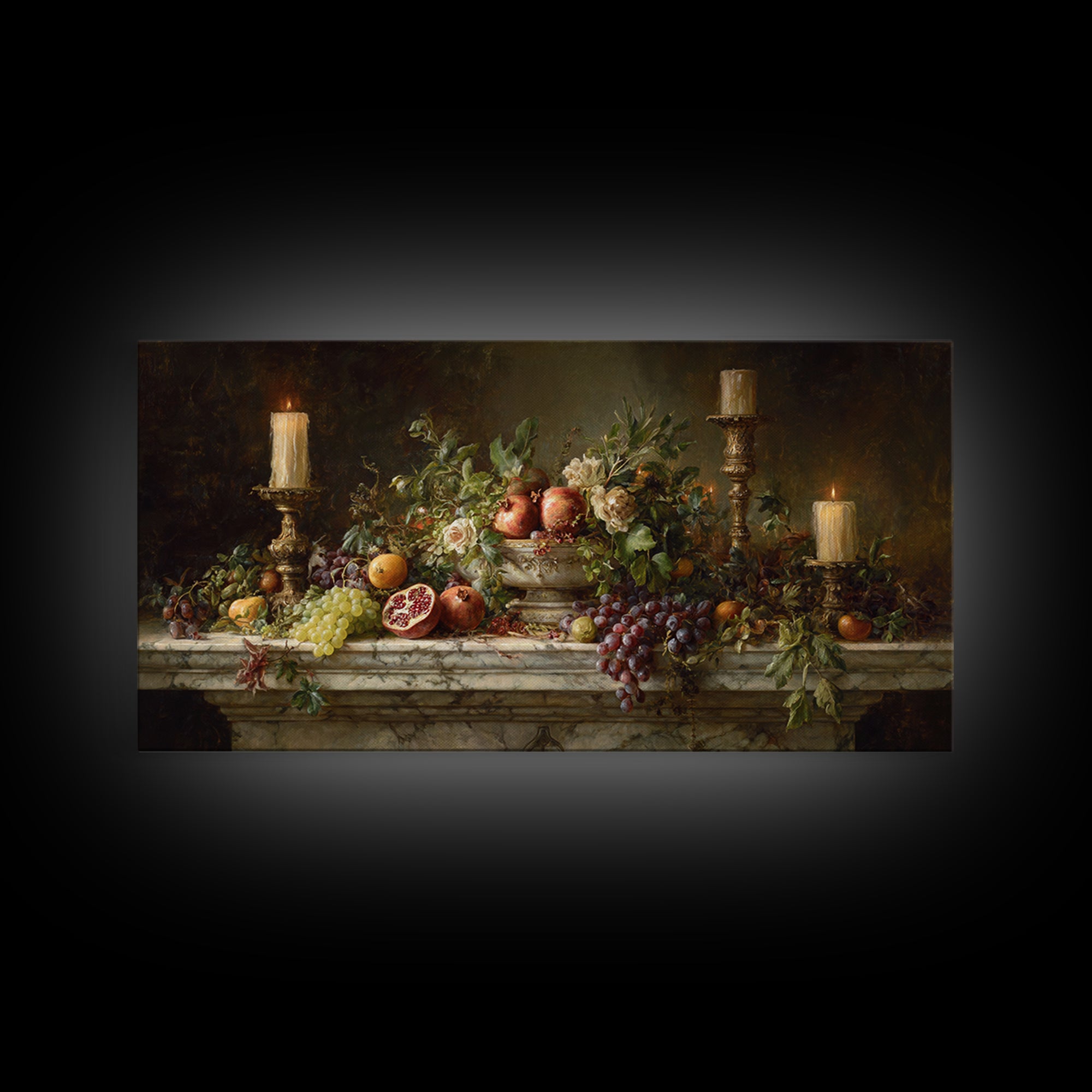 Pomegranate and Grapes on Marble Ledge Framed Canvas Print, Renaissanceinspired Art, Home Decor, Living Room Decor, Classic, REN-2x1-13