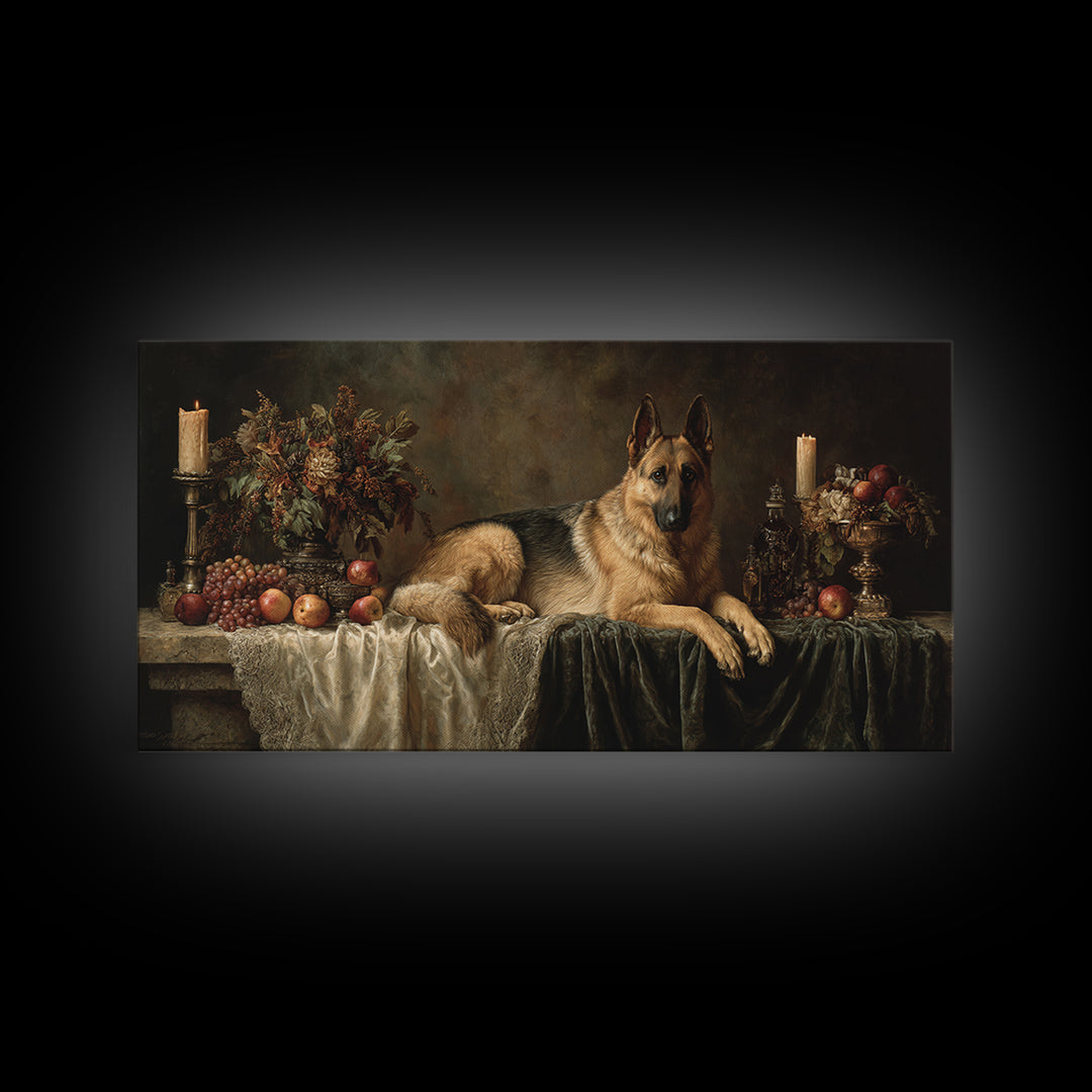 Noble Dog Portrait Framed Canvas Print, Renaissanceinspired Art, Neutral Decor, Living Room Decor, Oil Painting, Classic, REN-2x1-16