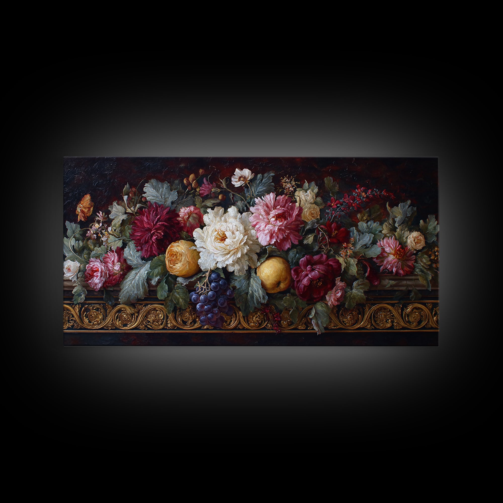 Floral Garland Surrounding a Classical Profile Canvas Print, Renaissanceinspired Art, Home Altar, Living Room Decor, Classic, REN-2x1-18