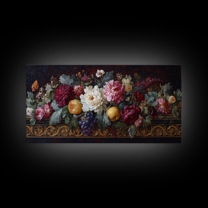 Floral Garland Surrounding a Classical Profile Canvas Print, Renaissanceinspired Art, Home Altar, Living Room Decor, Classic, REN-2x1-18