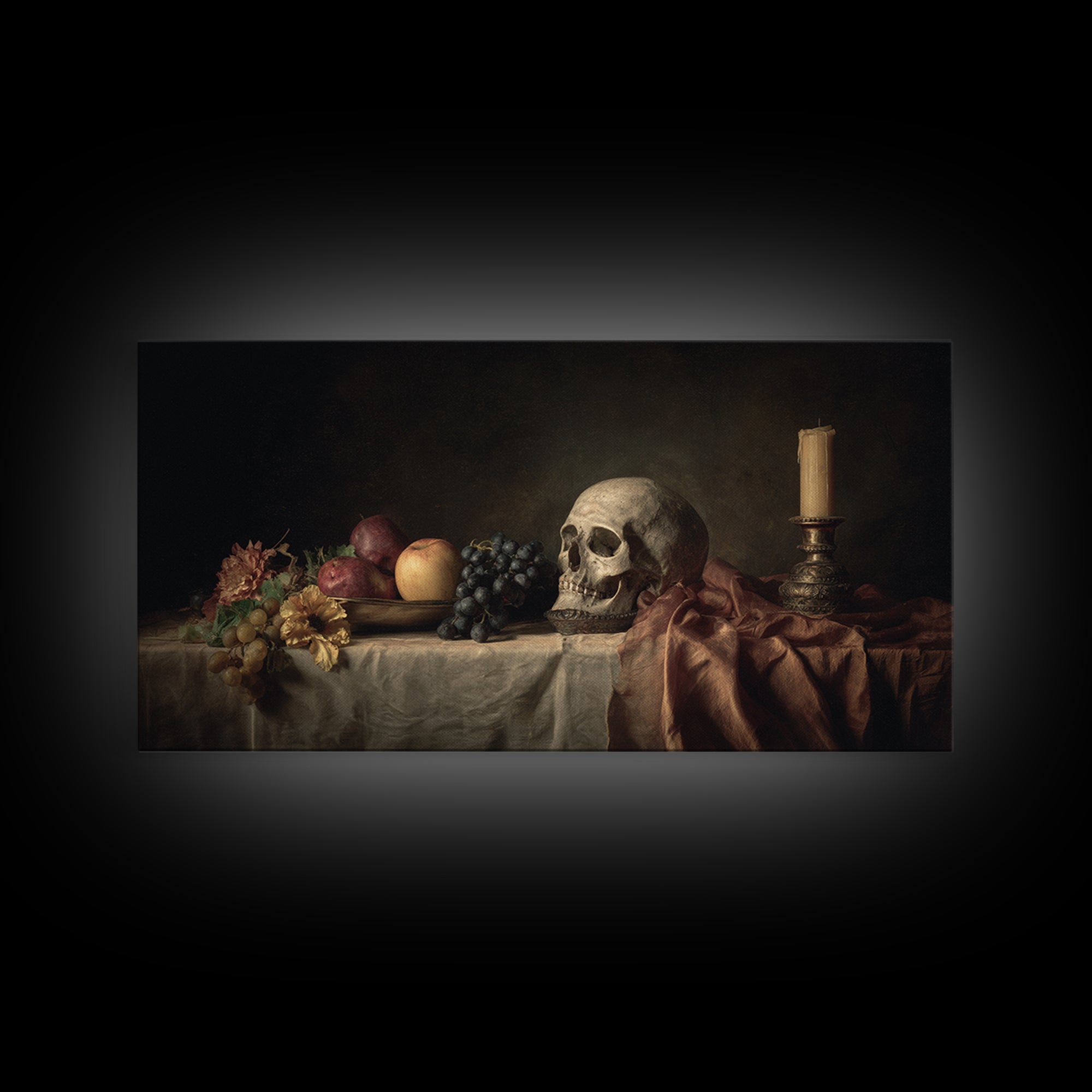 Old Master Skull and Candle Still Life Framed Canvas Print, Renaissanceinspired Art, Classic Art, Living Room Decor, Classic, REN-2x1-30