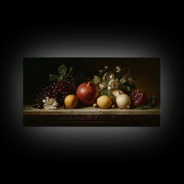 Oil Painted Fruit Still Life on Dark Canvas Print, Renaissanceinspired Art, Printable Art, Living Room Decor, Oil Painting, REN-2x1-47