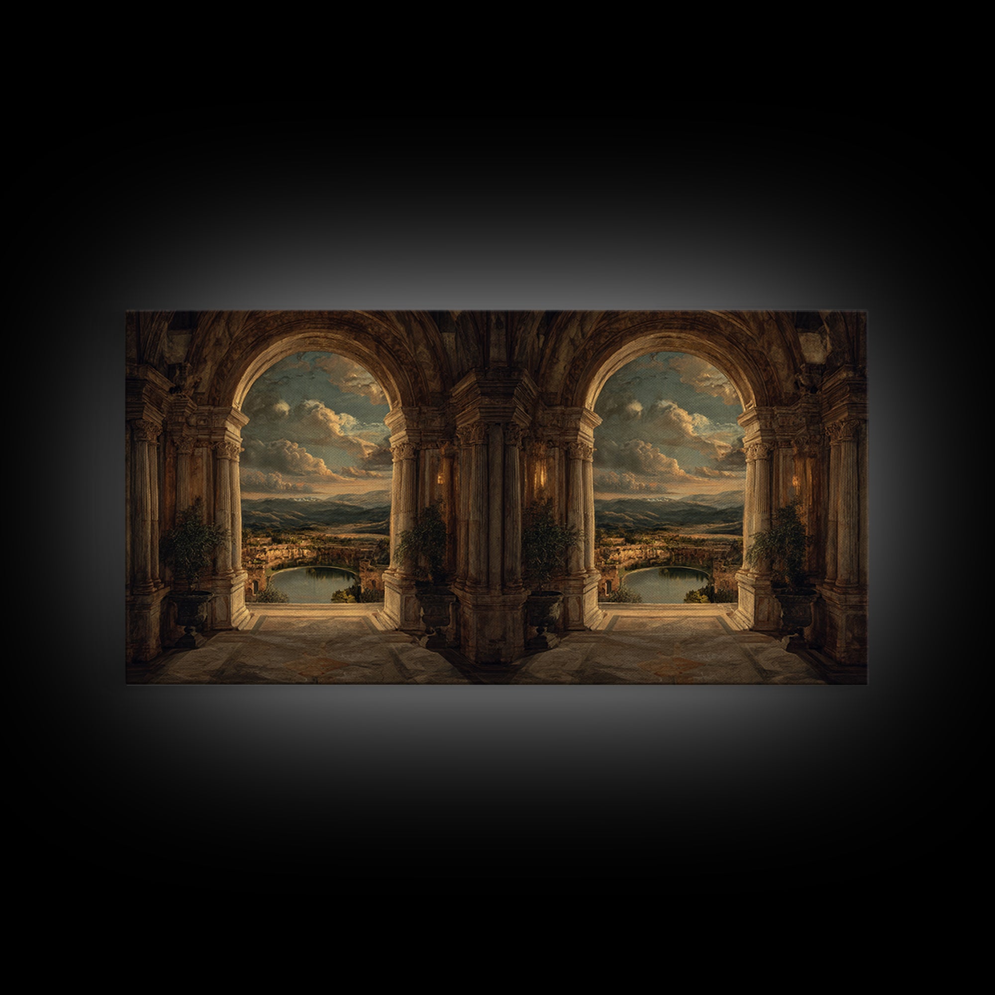 Architectural Arch with Italian Landscape Beyond Canvas Print, Renaissanceinspired Art, Cat Painting, Living Room Decor, REN-2x1-79