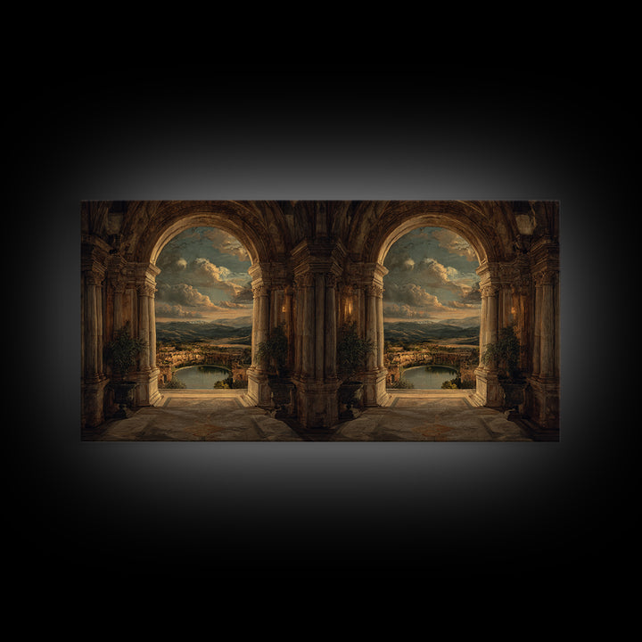 Architectural Arch with Italian Landscape Beyond Canvas Print, Renaissanceinspired Art, Cat Painting, Living Room Decor, REN-2x1-79