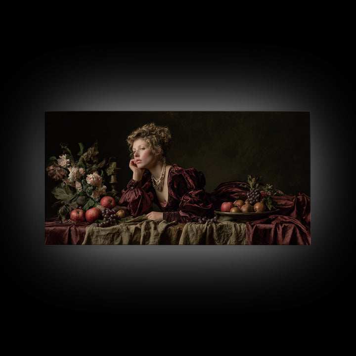 Portrait with Pearl Necklace and Velvet Dress Canvas Print, Renaissanceinspired Art, Boho Decor, Living Room Decor, Classic, REN-2x1-8