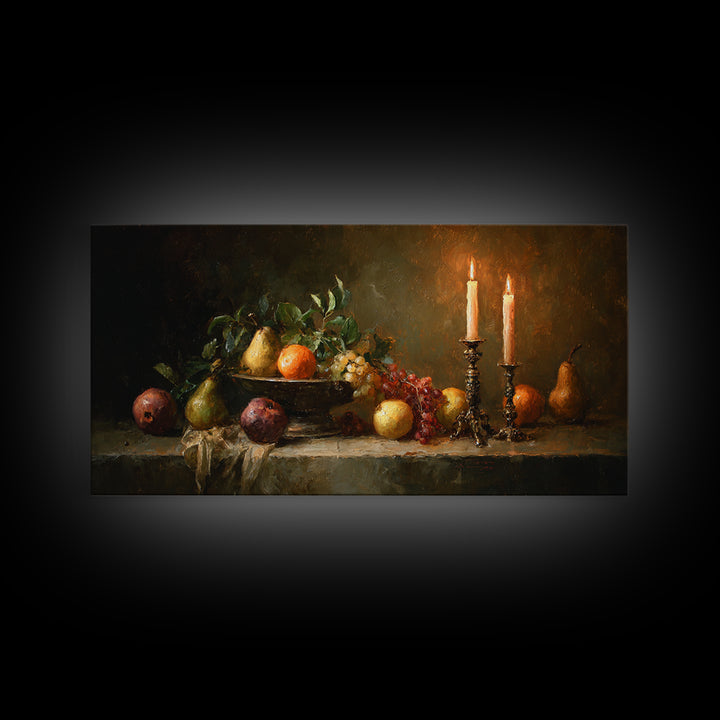 Oil Painted Fruit Still Life on Dark Framed Canvas Print, Renaissanceinspired Art, Fantasy Decor, Living Room Decor, Classic, REN-2x1-95