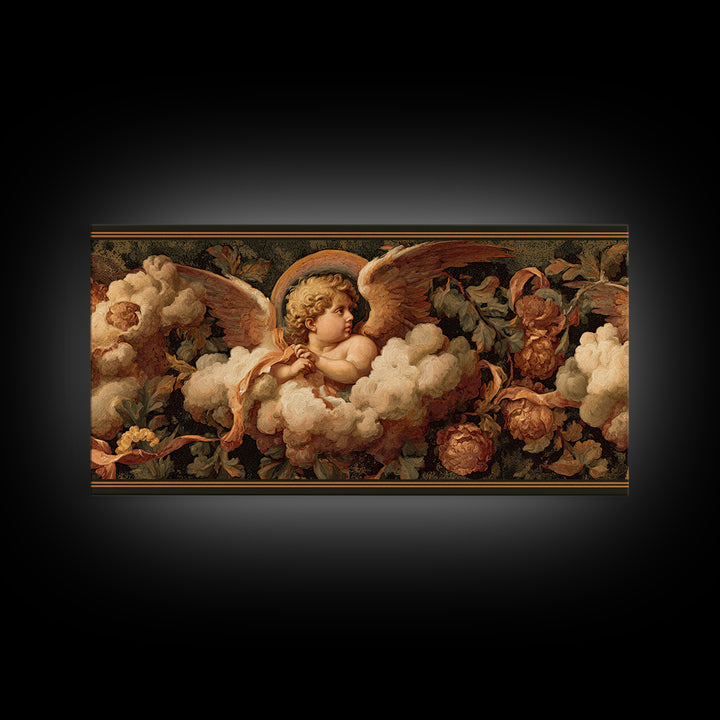 Cherub Holding a Ribbon Among Clouds Canvas Print, Renaissanceinspired Art, Living Room Decor, Watercolor Art, Classic, REN-2x1-98
