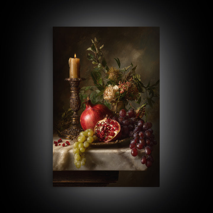 Pomegranate and Grapes on Marble Ledge Framed Canvas Print, Renaissanceinspired Art, Home Decor, Living Room Decor, Classic, REN-2x3-1
