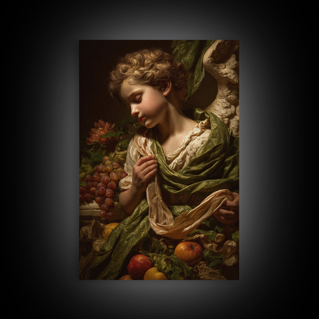 Cherub Holding a Ribbon Among Clouds Canvas Print, Renaissanceinspired Art, Elegant Home Decor, Living Room Decor, Oil Painting, REN-2x3-14