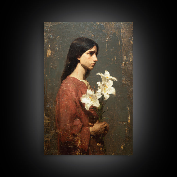 Saint Like Figure Holding White Lilies Framed Canvas Print, Renaissanceinspired Art, Classic Art, Living Room Decor, Classic, REN-2x3-21