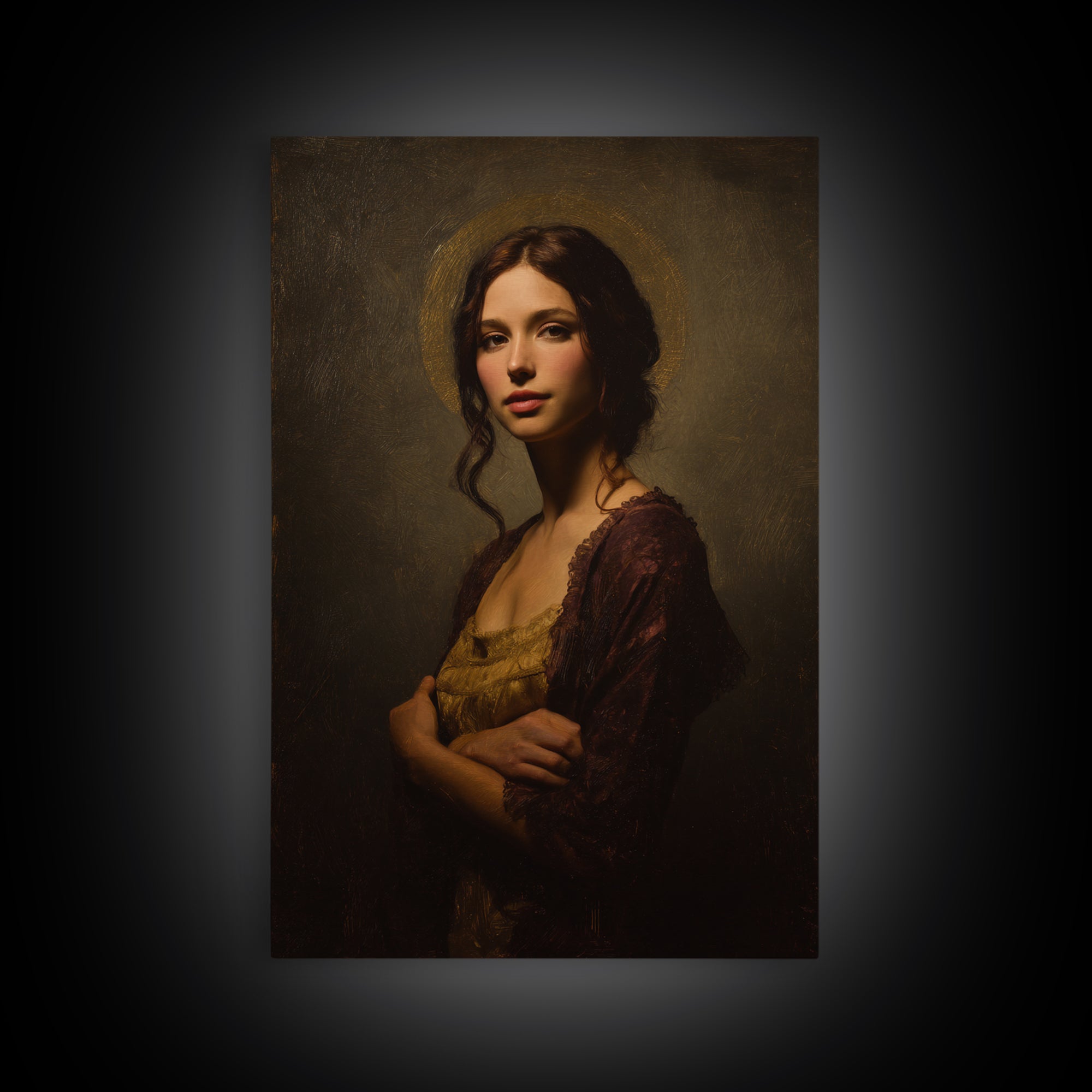 Gold Halo Portrait Framed Canvas Print, Renaissanceinspired Art, Neutral Decor, Living Room Decor, Fine Art, Classic, REN-2x3-37