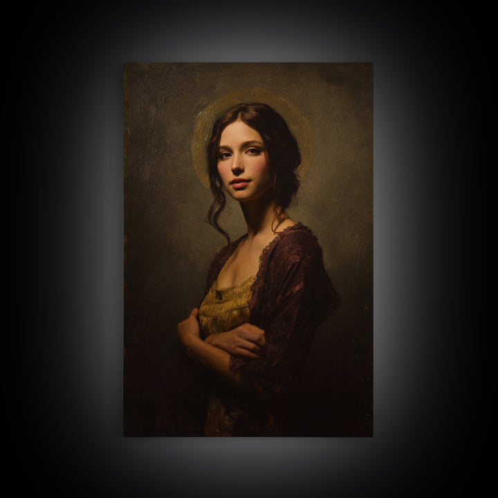 Gold Halo Portrait Framed Canvas Print, Renaissanceinspired Art, Neutral Decor, Living Room Decor, Fine Art, Classic, REN-2x3-37