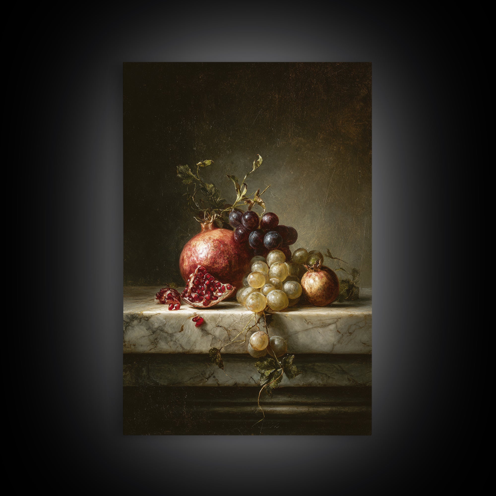Pomegranate and Grapes on Marble Ledge Canvas Print, Renaissanceinspired Art, Statement Artwork, Living Room Decor, Classic, REN-2x3-49